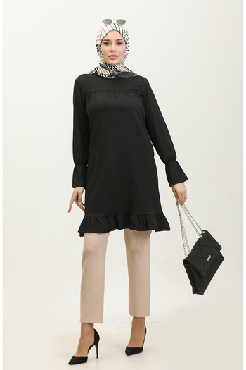 sefamerve Black Gathered Skirt Tunic - Wrapped Fabric 0404DA-07