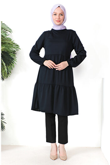 sefamerve Navy Blue Gathered Tunic - 0699-11 Model