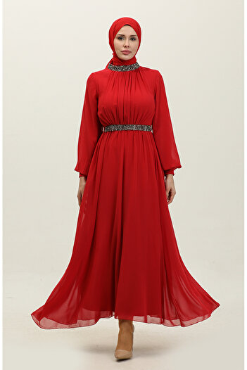 sefamerve Burgundy Jewelled Pleated Evening Dress - 5339A-03