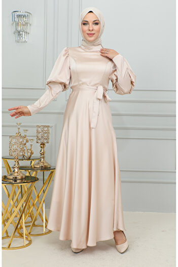 sefamerve Powder Colored Sleeve Detailed Cup Evening Dress - 6084-04