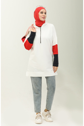 sefamerve White Red Sweatshirt - Two Thread, Zipper Detail 23005-01