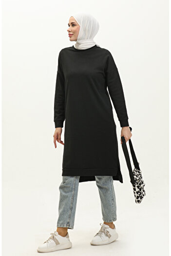 sefamerve Black Sports Tunic - Two Thread, Slit Detail, 3010-03 Model