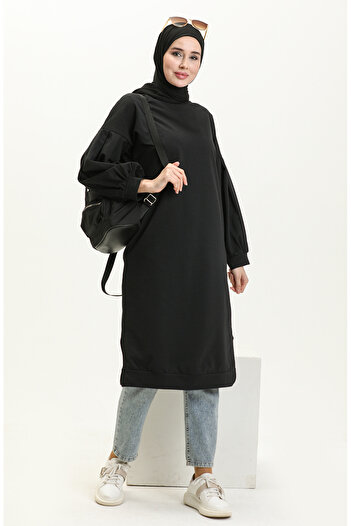 sefamerve Black Long Tunic - Balloon Sleeve 3031-01