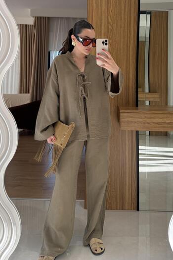 Gizem Ecemiş Pixre Khaki Muslin Tie Suit