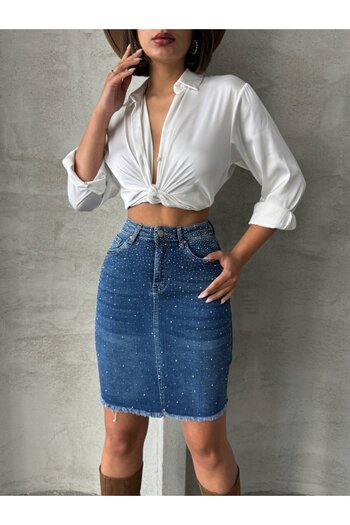 ADA MODA Fusta din denim elastic accesorizata cu strasuri