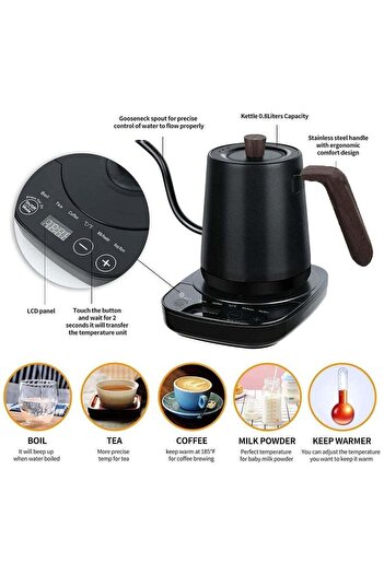 fulina 800ML Electric Gooseneck Kettle,Stainless Steel Automatic Temperature Control,1000W,Quick Heat