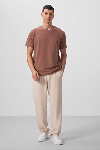 TOMMY LIFE Beige Surface Textured Comfortable Form Palazzo Men's Trousers - 82163