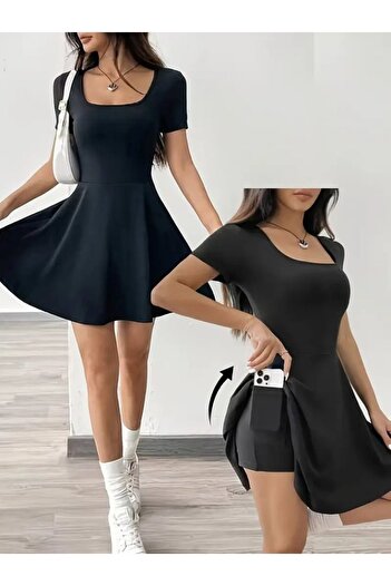 Nnstartshopping Women's Short Sleeve Square Neck Short Detailed Pocket Diving Dress