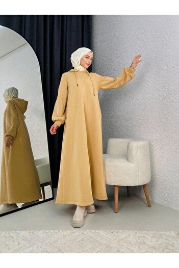 MODAJİN DADALİ Üç İplik Kapşonlu Elbise Camel