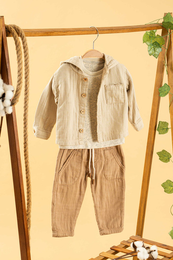 bombe Girl Boy Baby Kids Beige Hooded Comfortable 3 Piece Set Cotton Trend Fashion Bottom Top Set