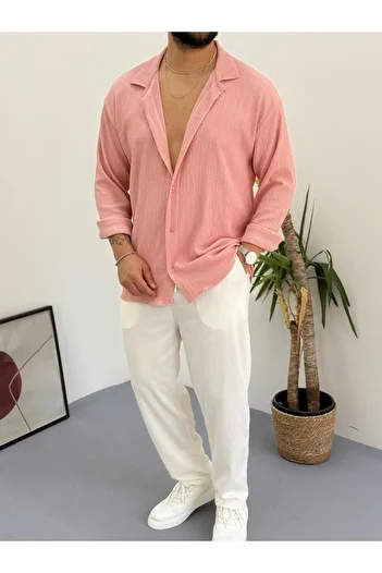 Combineman35 Dusty Rose White Men's Summer Crinkle Lycra Fabric Long Sleeve Shirt Tracksuit 2 Piece Wrap Suit