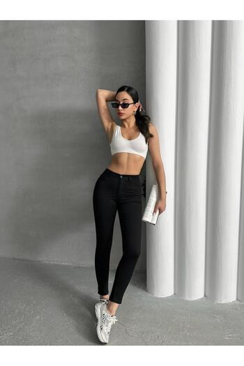 SHEVEGA Women's Black High Waist Linen Skinny Leg Pants