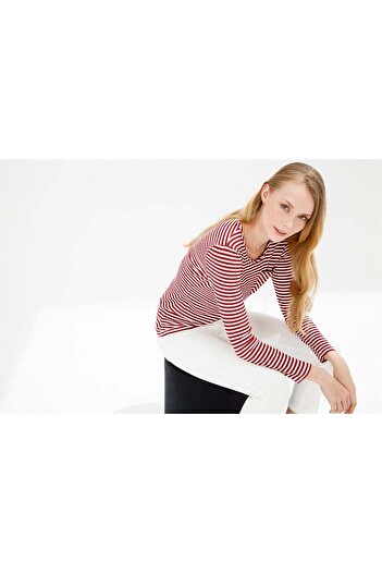 Desen Triko Women's Crew Neck Long Sleeve Striped Cotton T-shirt Red