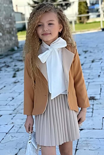 Riccotarz Girl's Chiffon Shirt Blazer Jacket with Ribbon Tie Collar Detail and Pleated Beige Skirt Suit