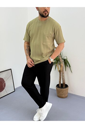 Combineman35 Khaki Black Report Ottoman Fabric Single Pocket T-Shirt-Pants Set of 2 with Single Back Pocket