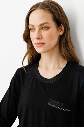 Desen Triko Women's Crew Neck Pocket and Collar Glitter Striped Combed Cotton Blouse Black