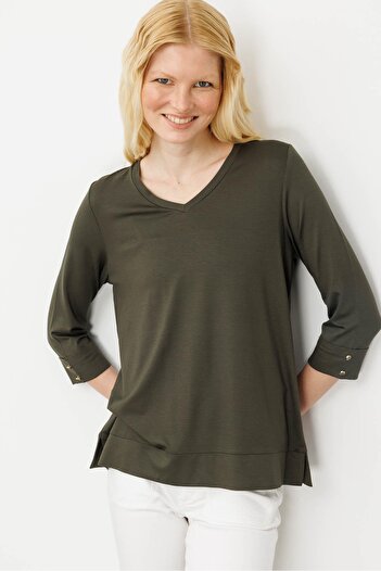 Desen Triko Women's V-Neck Combed Cotton Blouse Khaki