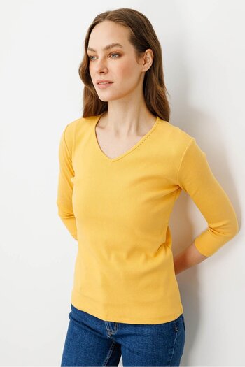Desen Triko Women's V-Neck Camisole Cotton Blouse Mustard