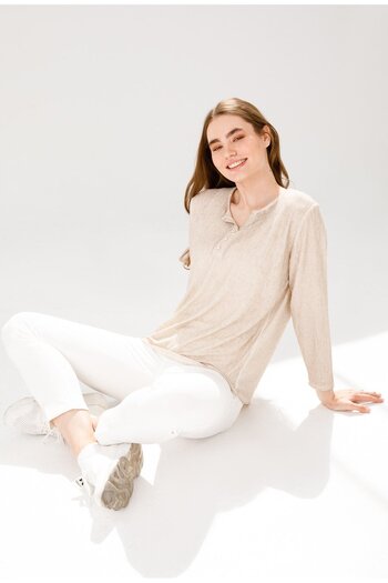 Desen Triko Women's Turn-down Collar Long Sleeve Jacquard Fabric Blouse Beige