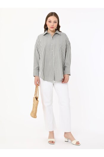ALİA Cotton Plus Size Striped Poplin Blouse / Shirt - Khaki - Alia