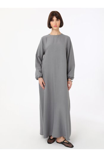 Refka Soft Button Balloon Sleeve Hijab Dress - Gray -
