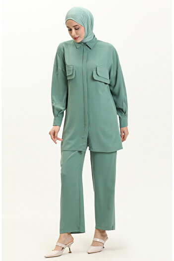 sefamerve Green Tunic and Trousers Set - Pocket Detailed, Model 5556-03
