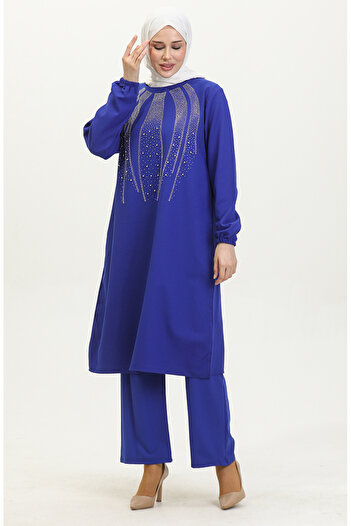 sefamerve Saks Blue Stone Printed Evening Dress and Tunic Pants Set - 0410-03