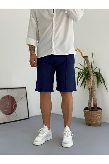 Combineman35 Navy Blue Men's Grass Detailed Linen Summer Shorts