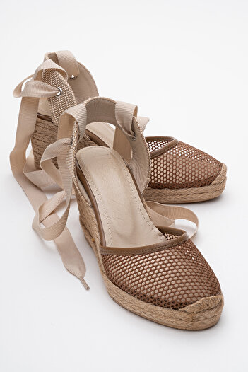 LuviShoes LIONS Women's Wedge Heel Sandals - Tan Mesh, Ankle Strap Leather