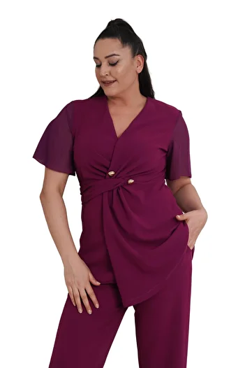 Moda Amore Double Breasted Neckline Button Detail Chiffon Sleeves Plus Size Evening Dress Suit 023