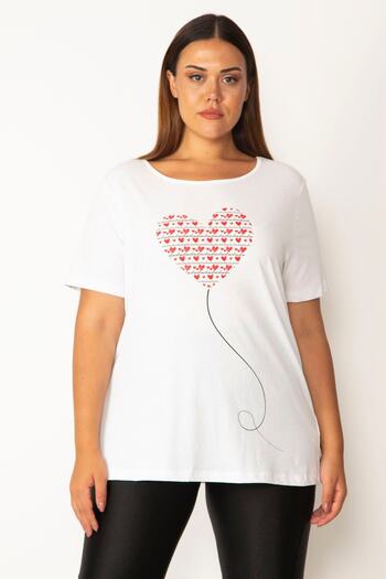 Şans Women's Large Size White Cotton Fabric Heart Printed Blouse 65n28156