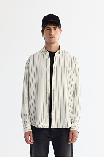 Avva Men's White Bottom Britted Collar Striped Rayon Shirt A42Y2051