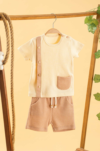 bombe Girl Boy Baby Kids Camel 2-Piece Shorts Set Natural Cotton Bottom Top Set
