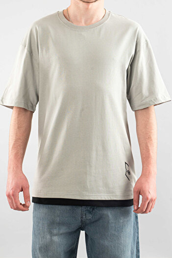 bombe Men's Special Crew Neck T-Shirt Basic Semi-Oversize Plain Printed Gray T-Shirt