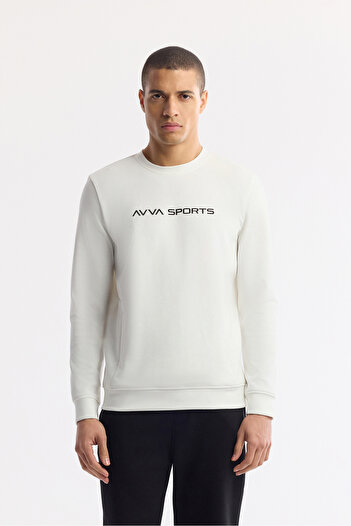 Avva Men's Regular Fit Ecru Crew Neck Printed Bi-Stretch Interlock Sweatshirt A51Y1208