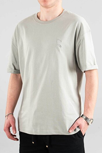 bombe Men's Special Crew Neck T-Shirt Basic Semi-Oversize Plain Printed Gray T-Shirt