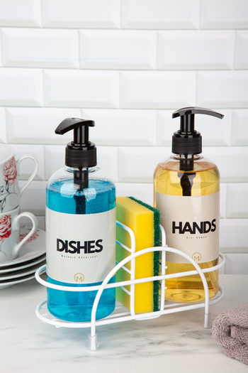 MultiStore Double Plastic Bottle Liquid Soap Dispenser with White Stand and Pump