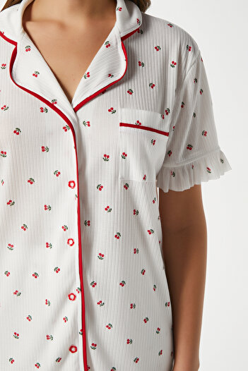 Ritnice Women's Ruffled Cherry Front Button Short Sleeve Bottom Top Pajama Set