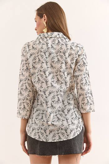Olalook Women's Tiny Flower Black Handle Fold Cuffless Linen Content Shirt Gml-19001338