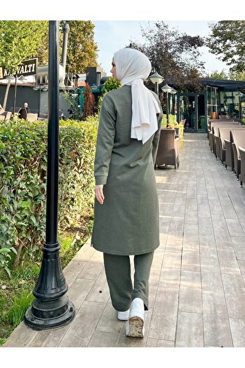 HİJABAYA Two Thread Combed Cotton Suit with Piping Collar and Zipper