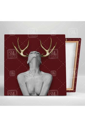SML TABLO Golden Horned Woman Gold Details Claret Red Modern Square Canvas Painting