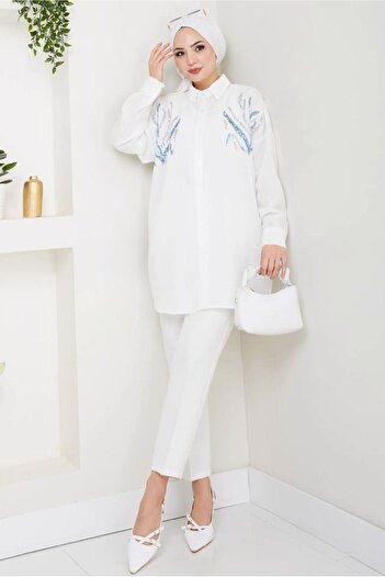 TRENDTESETTÜR Women's Cream Sequin Sequin Detail Tunic t 2289