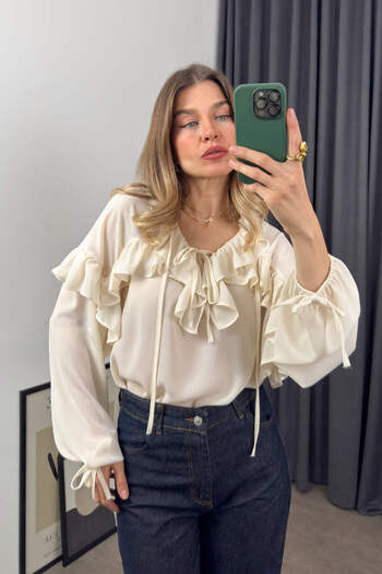 Sue Store Ecru Oversize Blouse with Ruffled Collar and Tie