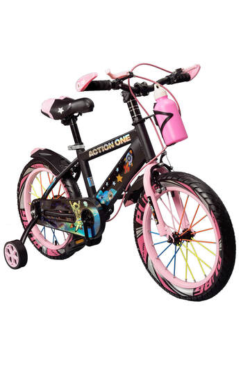 ACTION ONE Children's bicycle 5-7 years old with rear light included, training wheels and water bottle Genesis II, 16 inch, pink