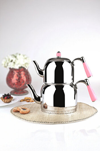 Özkent K-377 Pembe Armine Orta Boy Paslanmaz Çelik Indüksiyon Tabanlı Çaydanlık Takımı 1.2-2.2 Lt