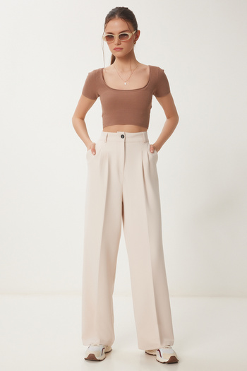 Lovelyİstanbul Pocketed Woven Palazzo Pants Cream Lhg0003