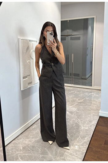 My Blog Smoked Pinstripe Belt Detailed Vest Trousers Suit - 9569