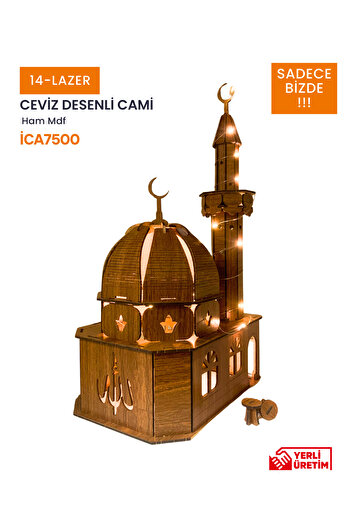 14lazerkesim 3d Büyük Boy Ahşap Kubbeli Cami Maketi 86 Parça