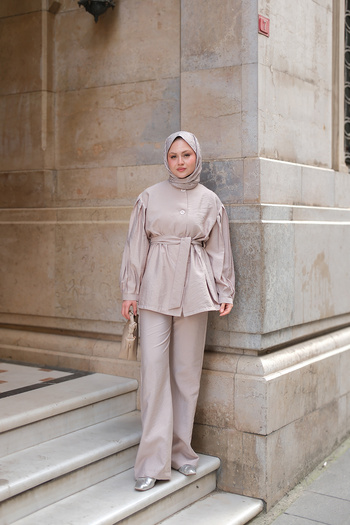LOCCO Women's Pleated Detailed Belted Double Suit Powder