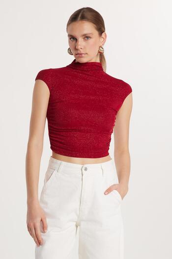 Tudors Women's Slim Fit Slim Fit Elastic Short Sleeve Burgundy Crew Neck Blouse